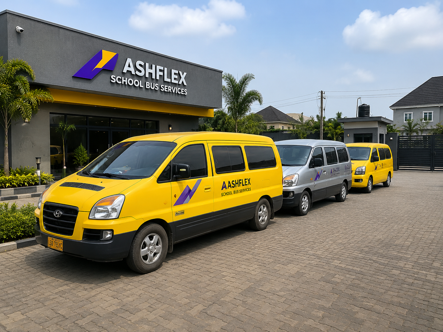 Ashflex School Bus Services fleet of yellow and silver buses parked outside the branded Ashflex headquarters in Nigeria