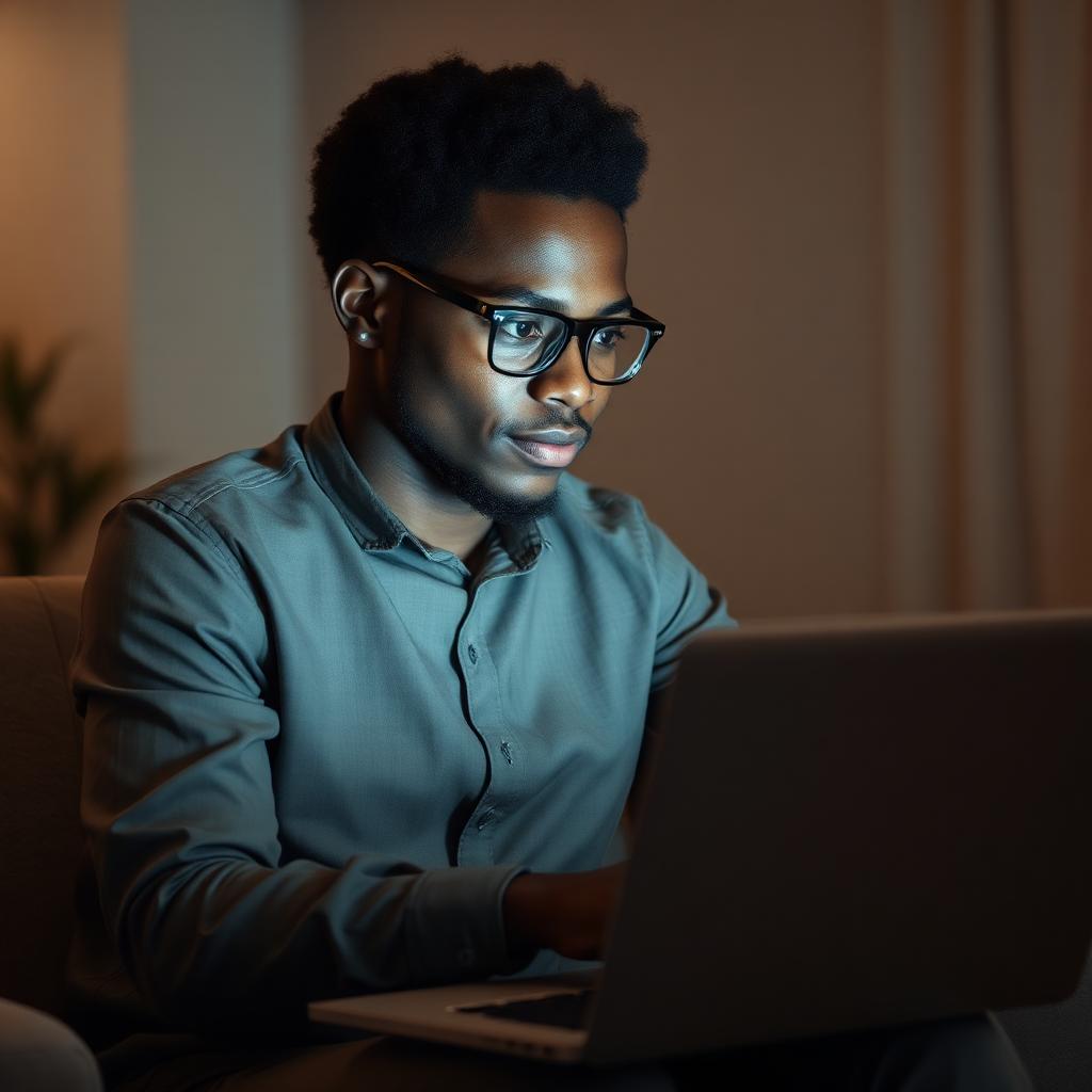 Nigerian professional in business attire reviewing documents at a modern desk