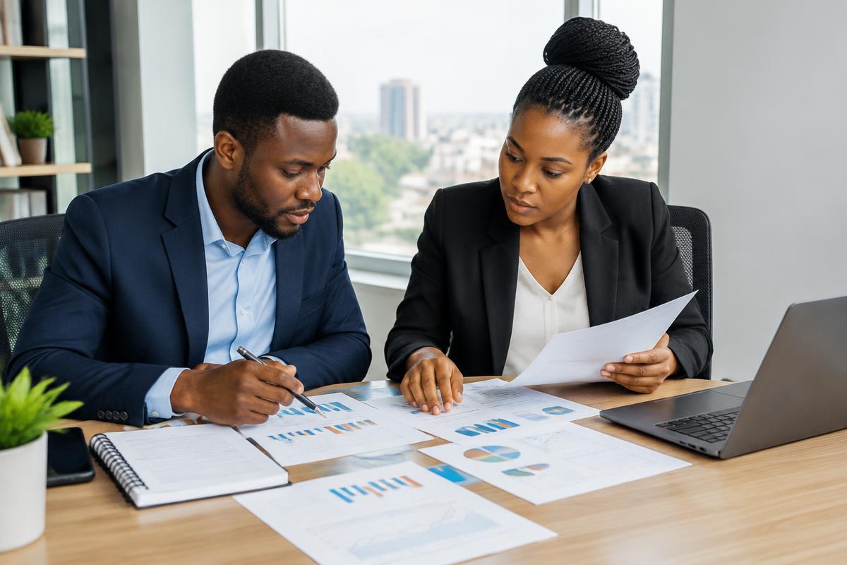Analysts reviewing market research charts and a business plan